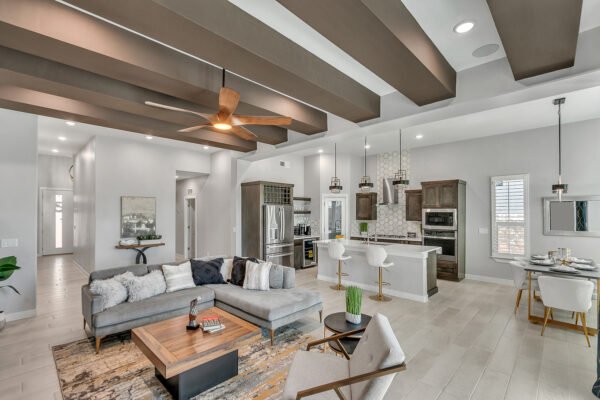 Bright open kitchen and dining area in a model home