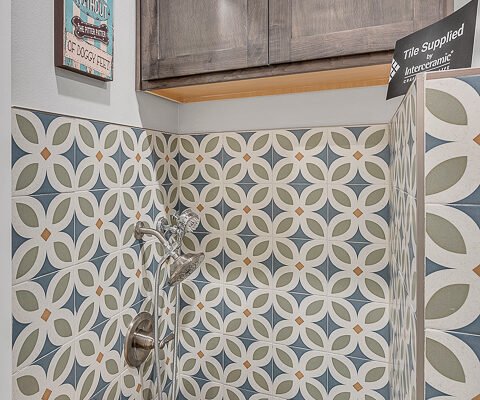 Tiled dog wash station with decorative wall tile and faucet