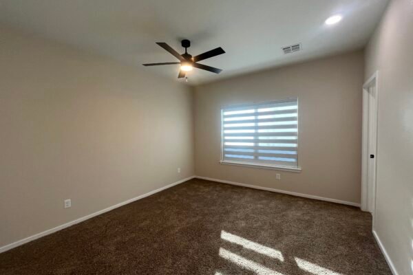 Bedroom interior with ceiling fan and window