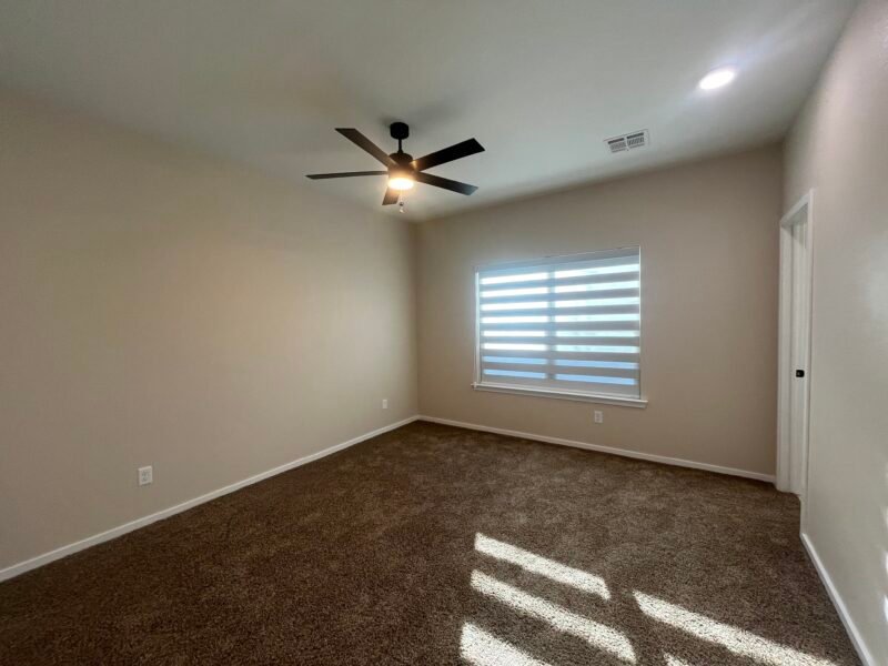 Bedroom interior with ceiling fan and window